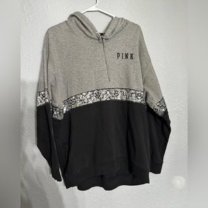 PINK sequin hoodie. Black and gray hoodie. Size large.